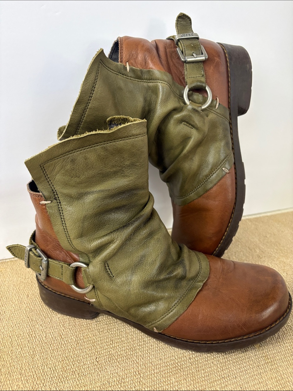 Jafa 2129 Olive & Brown Leather Buckle Ankle Boots ButterSoft Leather 7.5 Euro38